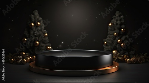 Black podium for Christmas display on black background