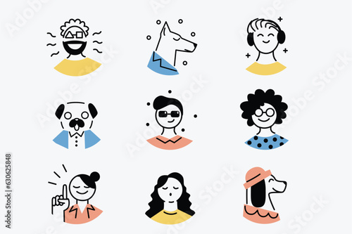 People and dogs icons in the flat cartoon style. Pictures of people with their pets in whimsical line style. Vector illustration.