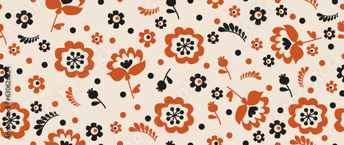 Vector illustration. Ornament in the Ukrainian style. Stylish seamless ethnic pattern. Collage with a modern floral print. Suitable for design template, wallpaper, textile design and cover.