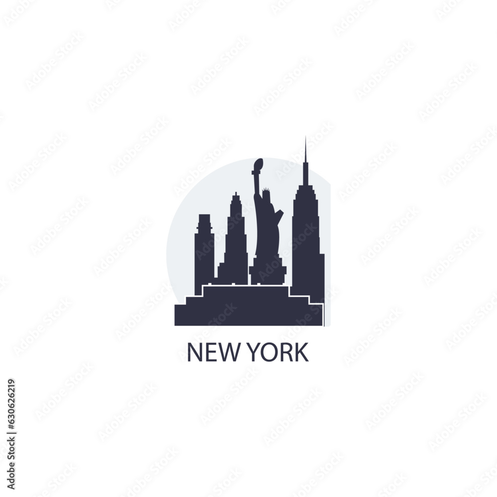 Obraz premium USA United States New York cityscape skyline city panorama vector flat modern logo icon. US American Big Apple city emblem idea with landmarks and building silhouette at sunrise sunset