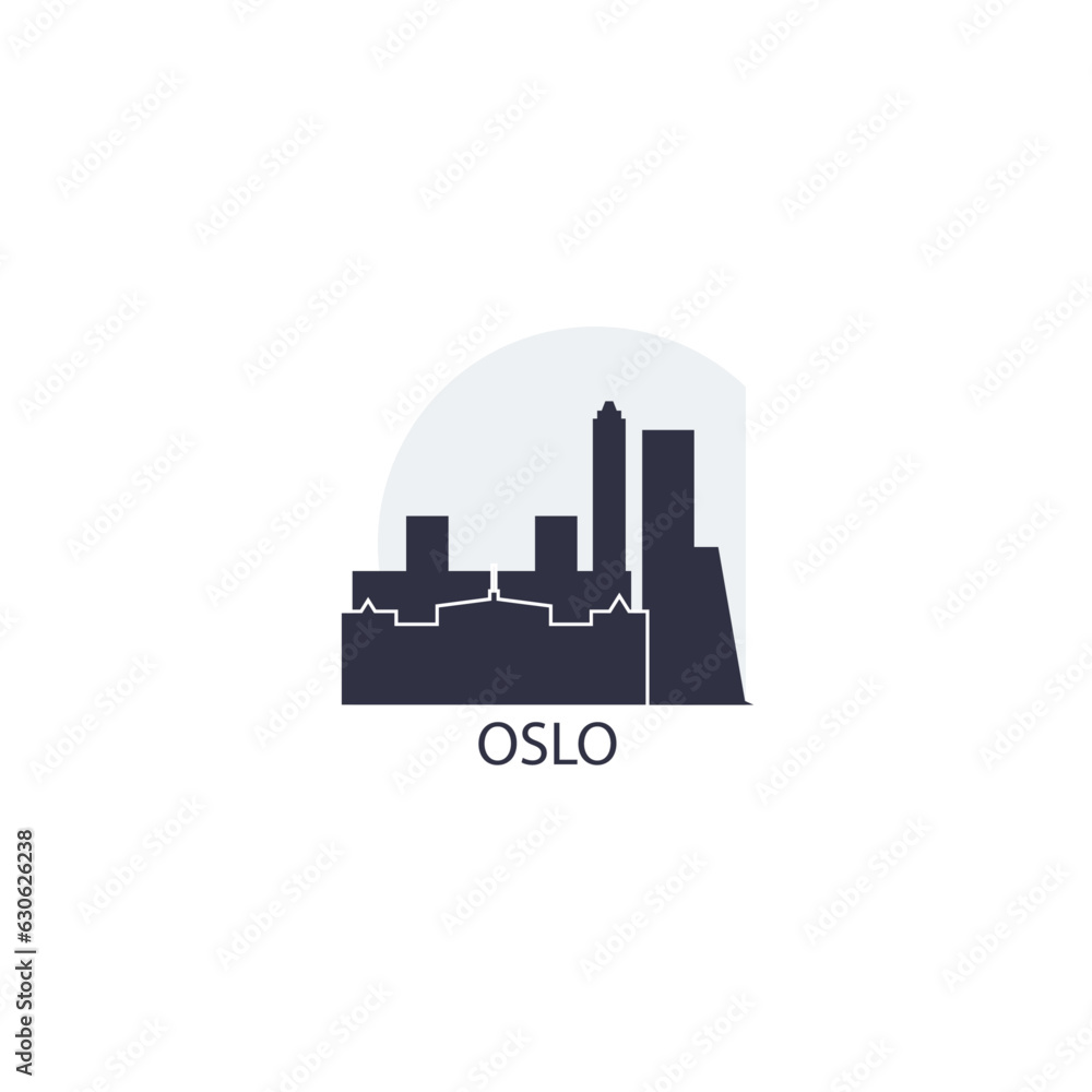 Norway, Oslo cityscape skyline, capital panorama vector flat logo, icon. Nordic region city emblem contour with landmark and building silhouettes at sunrise, sunset Norway, Oslo cityscape skyline, capital panorama vector flat logo, icon. Nordic region city emblem contour with landmark and building silhouettes at sunrise, sunset