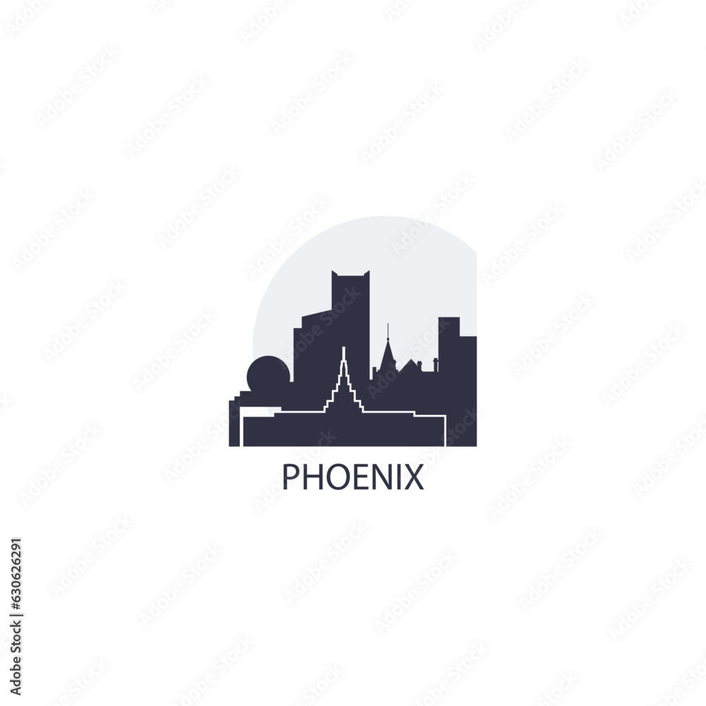 USA United States Phoenix cityscape skyline city panorama vector flat modern logo icon. US Arizona American county emblem idea with landmarks and building silhouette at sunrise sunset