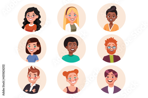 Icons happy people of different races in the flat cartoon style. Images of avatars of people of different nationalities on the same background. Vector illustration.