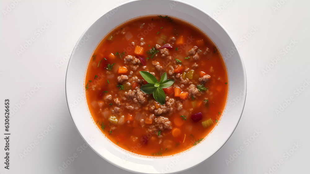 Iisolated soup in a plate top down view white background. Generative AI technology. Iisolated soup in a plate top down view white background. Generative AI technology.