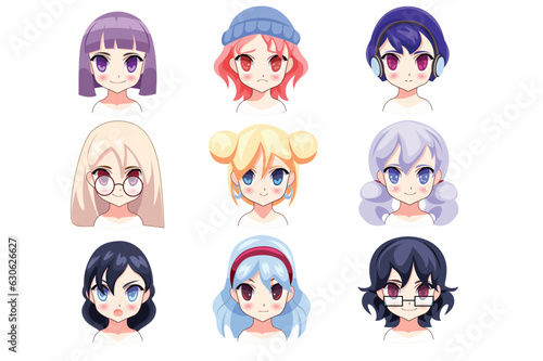 Anime avatars icons in the flat cartoon design. Images with different anime characters with unique features. Vector illustration.