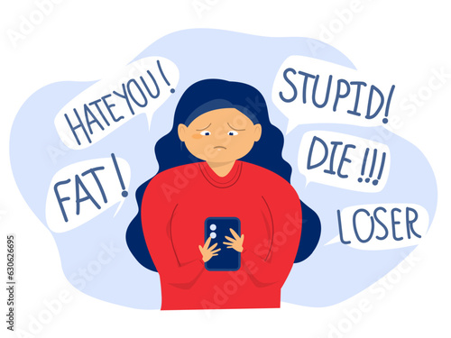 Cyberbullying concept, fat women looking and short From Public Censure by Her Weigh Threats and insults in messages on laptop mobile 