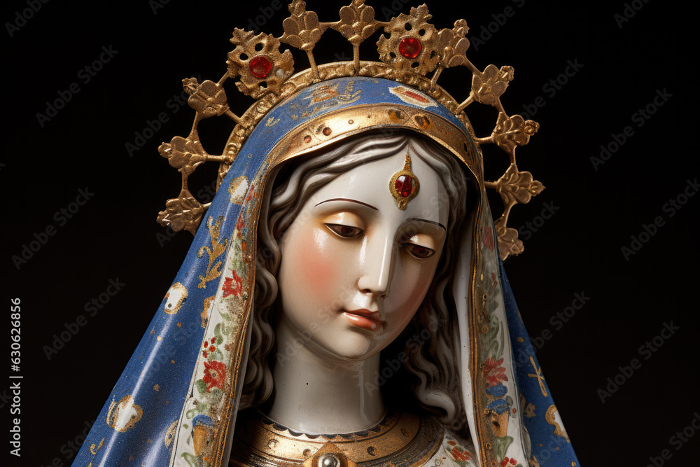 Virgin Mary statue with crown on black background, close-up.