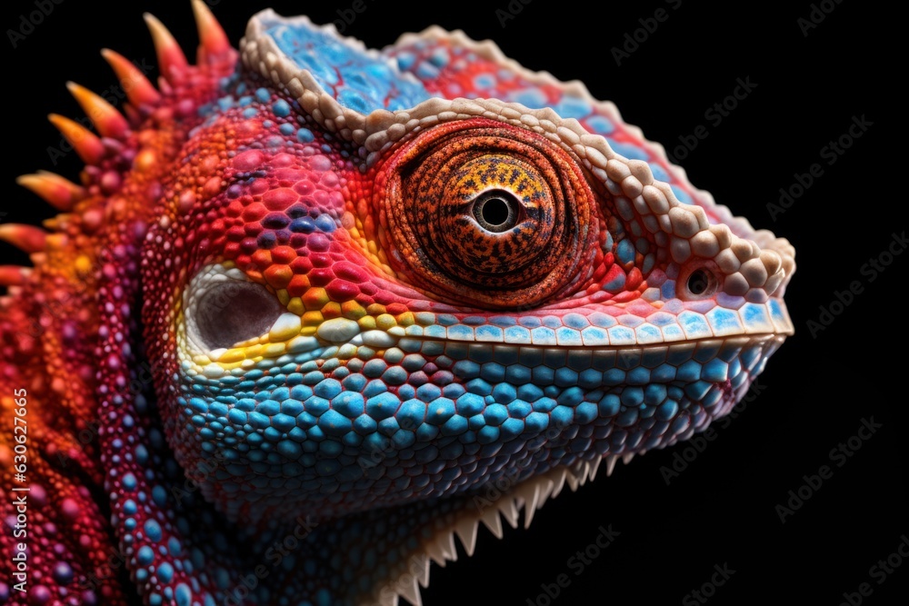 Obraz premium close up portrait of a beautiful chameleo isolated on black, ai tools generated image