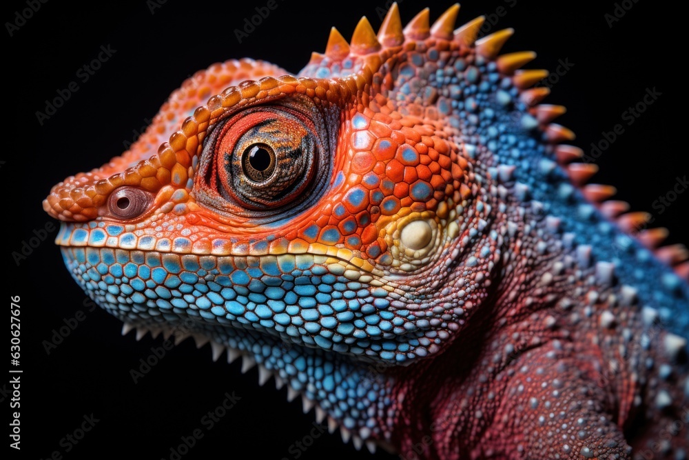 Fototapeta premium close up portrait of a beautiful chameleo isolated on black, ai tools generated image