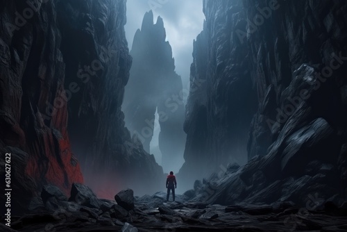 back view of a man standing in front of the entrance to the scary dark rocky land, ai tools generated image