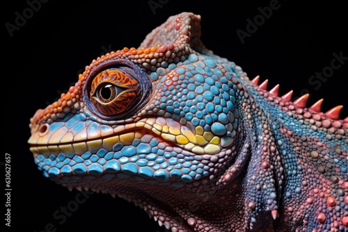 close up portrait of a beautiful chameleo isolated on black, ai tools generated image © whitehoune