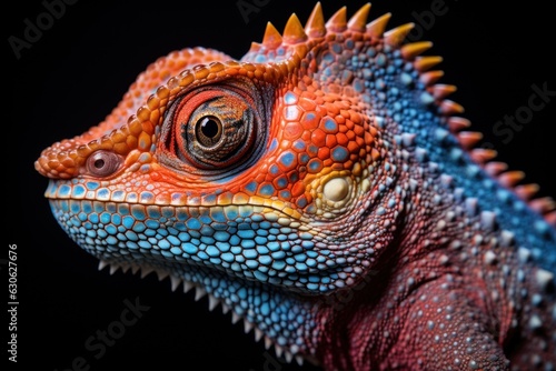 close up portrait of a beautiful chameleo isolated on black  ai tools generated image