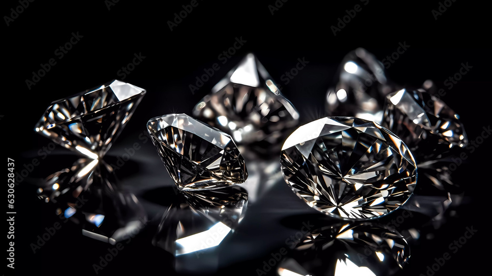 Diamond with reflections of light, on a black background. Generative AI technology. Diamond with reflections of light, on a black background. Generative AI technology.