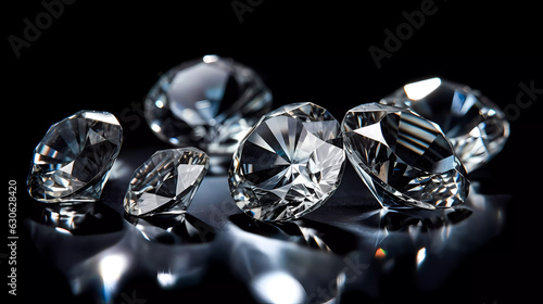 Diamond with reflections of light  on a black background. Generative AI technology.