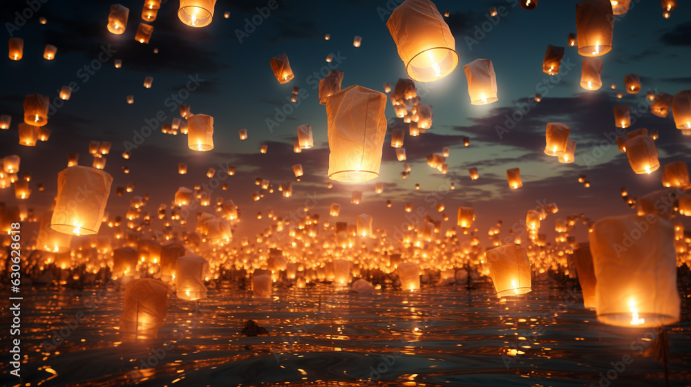  Paper lanterns into the night sky. Generative Ai