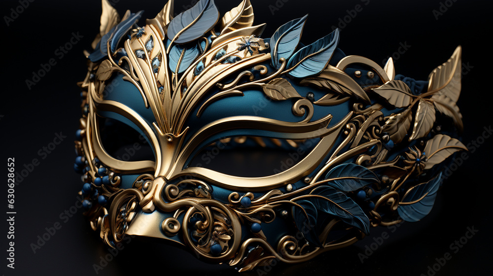 A blue and gold masquerade mask with gold leaves on black background. Generative ai - obrazy, fototapety, plakaty 