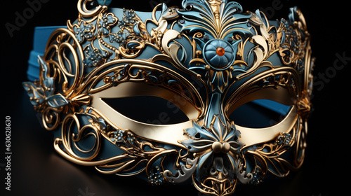 A blue and gold masquerade mask with gold leaves on black background. Generative ai © andranik123