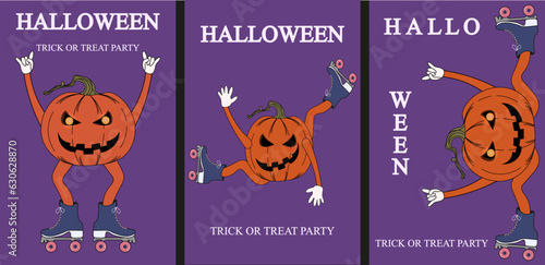 Set of Funky Halloween card with Jack lantern on the rollers in Trendy Y2K retro style. Halloween concept for banners, posters, cards. Vector illustration in modern Groovy style.