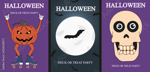 Set of Funky Halloween card with Jack lantern on the rollers, skull, moon, bat in Trendy Y2K retro style. Halloween concept for banners, posters, cards. Vector illustration in modern Groovy style.