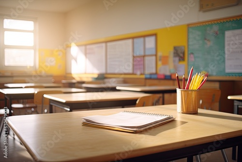 School class room without students, no kid or teacher with chairs and tables.