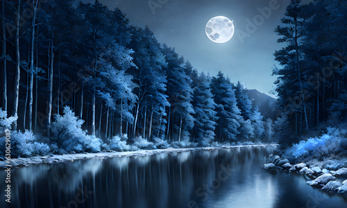 river running, blueish moonlight, dark forest with a full moon in the background, concept art, halloween wallpaper, Generative AI © Evgenii