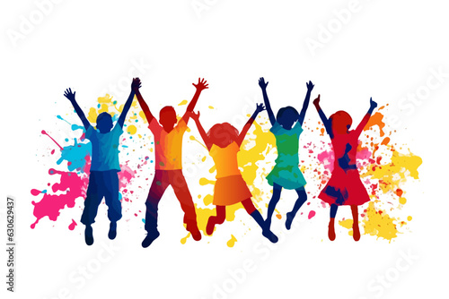 Silhouette of kids jumping in the air vector watercolor colorful illustration