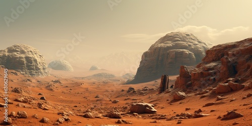 AI Generated. AI Generative. Mars planet galaxy surface landscape desert mountain outdoor landscape. Future adventure travel place