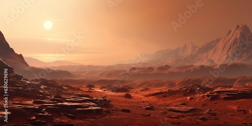 AI Generated. AI Generative. Mars planet galaxy surface landscape desert mountain outdoor landscape. Future adventure travel place © Graphic Warrior