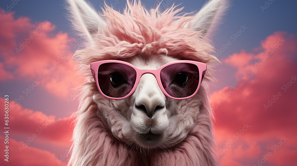 Cute lama alpaca in sunglasses. Generative ai