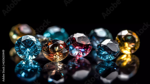 isolated colored diamonds with light reflections, on a black background. Generative AI technology.