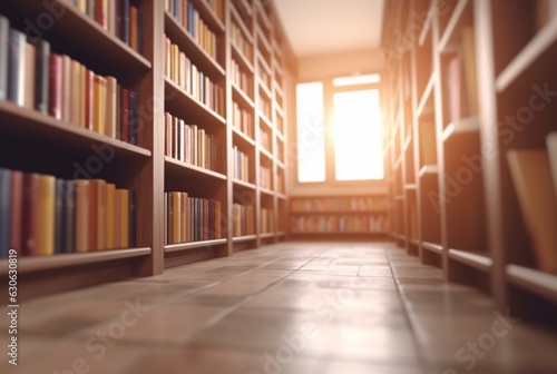 Abstract empty college library interior room. Blurred classroom with bookshelves with defocus effect. generative ai