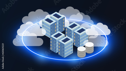 Cloud server and storage isometric vector illustration. Digital information technology Neon dark gradient Cloud, database server, file server and web server. Online computing technology. Vector.