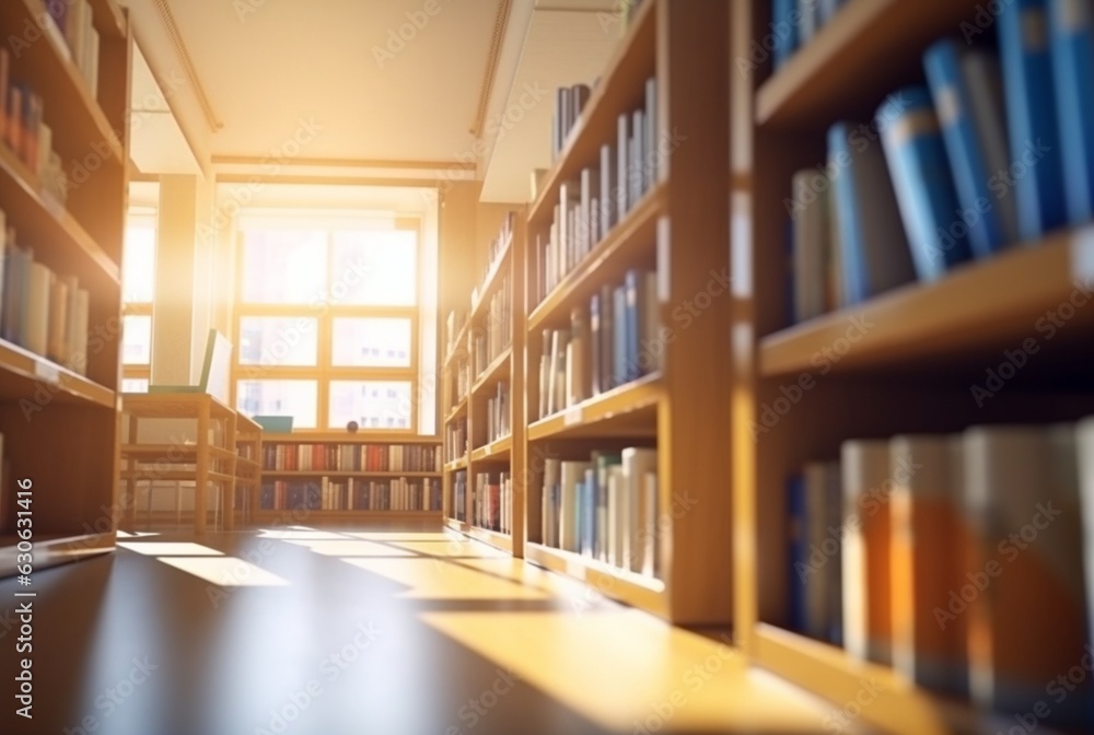 Abstract empty college library interior room. Blurred classroom with bookshelves with defocus effect. generative ai Abstract empty college library interior room. Blurred classroom with bookshelves with defocus effect. generative ai