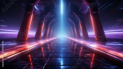 Beautiful neon lights with glowing purple and blue lines in a tunnel. Generative ai