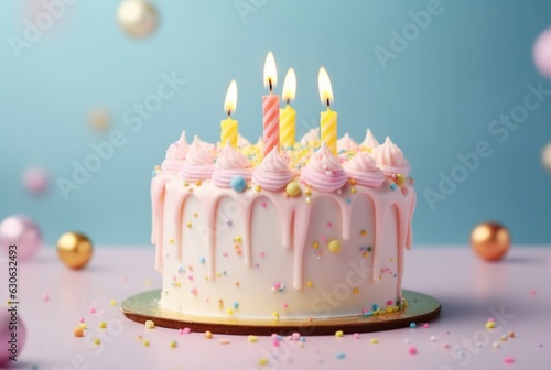 Colorful birthday cake on pastel background. generative ai