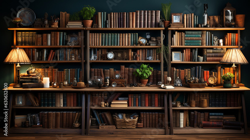  Arranged bookshelves in a beautiful room. Generative Ai