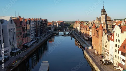 Aerial view of Gdansk, Poland,  establishing shot. Famous place in Gdańsk, Old Town and Motlawa river embankment.