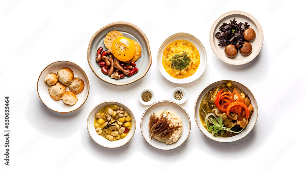 isolated food in plates. top down view, white background. Generative AI technology. isolated food in plates. top down view, white background. Generative AI technology.