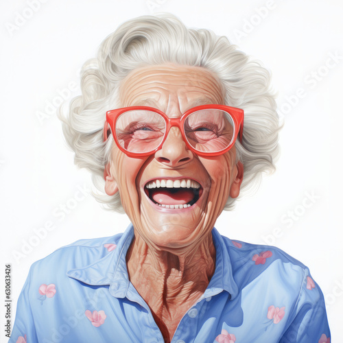 Portrait of a happy senior woman laughing at white backgroud. Generative AI. 