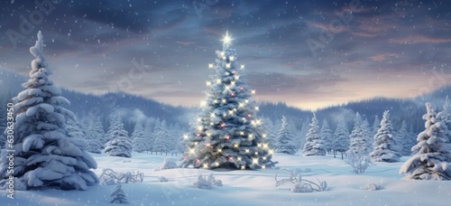 Bright garland lights illuminate the snow-covered Christmas tree. Seasonal joy and magic.