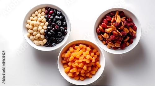 isolated food in plates. top down view, white background. Generative AI technology.