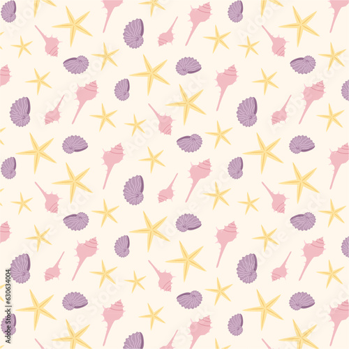 seamless pattern with sea shells, vector cartoon flat style pattern with shells, cute shell pattern for girls