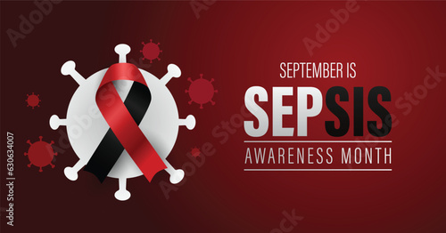 September is Sepsis Awareness Month web banner. Social media poster. Featuring red and black ribbon with text.
