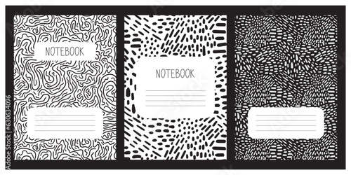 Black and white cover page templates for print products, stationery, notebooks, workbooks, brochures, planners. Vector illustrations, layout background composition designs