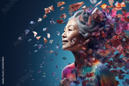Asian woman patient with alzheimers disease, exploding head, memory loss concept