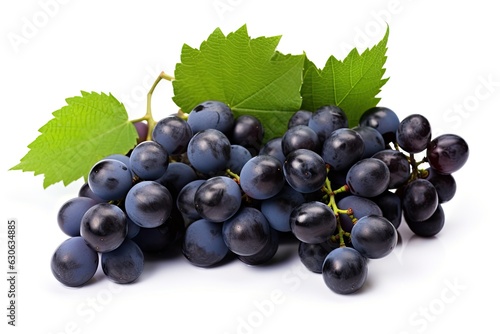 Dark blue grape with leaves isolated on white background