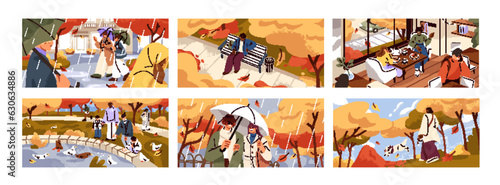 People in autumn city set. Friends, couple, family walking in park, street, relaxing in cozy cafe and nature, resting on bench, strolling with dog at leisure in fall season. Flat vector illustrations