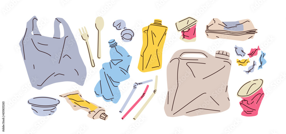 Plastic waste set. Compressed squeezed trash, garbage. Used wrinkled package, empty containers, bag, bottle, tank, cup and straw rubbish, litter. Flat vector illustrations isolated on white background