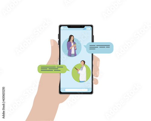 The phone in the hand is held by a human hand, correspondence with people a doctor and a patient a travel agency work communication a messenger a phone screen illustration