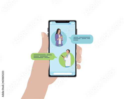 The phone in the hand is held by a human hand, correspondence with people a doctor and a patient a travel agency work communication a messenger a phone screen vector illustration